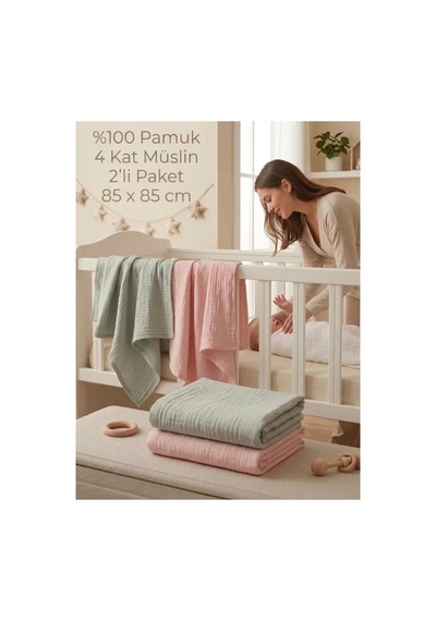 2 Li Paket 4 Katlı Müslin Bebek Battaniyesi 85x85 Cm - Bebek Örtüsü & Yeni Doğan Kundak - Somon& Yeşil - 911149327 Yeşil