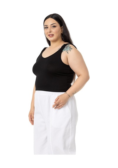 Disentis Büyük Beden Askıları Büzgülü Drapeli Crop Siyah Body-siyah Siyah