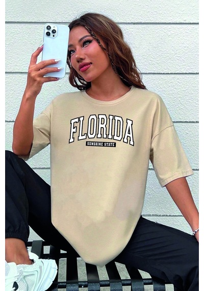 Unisex Florida Baskılı Tasarım Tshirt Bej