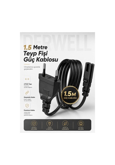 Universal C7 Güç Kablosu 1.5m - Çift Delikli Teyp Konsol Tv Enerji Kablosu Ps4 Slim Ps3 Ps2 Işıldak Laptop Adaptör Radyo Şarj Kablosu Esnek Bakır Siyah Akım Korumalı 2 Pin Sekiz Figür Besleme