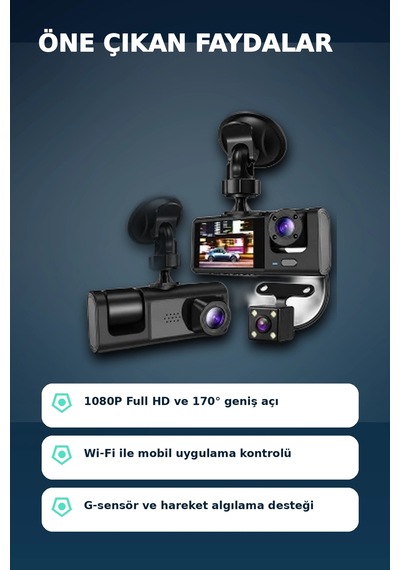 1080p Full Hd 3 Kameralı Araç İçi Kayıt Kamerası Seti Wi-fi Ve Park Modu Özellikli