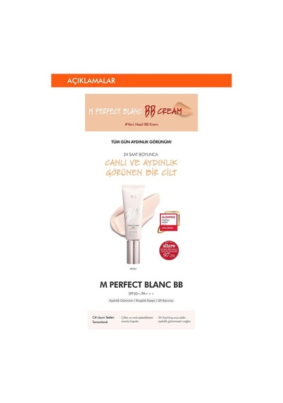 Aydınlık Görünüm Sunan&ton Eşitleyici Bb Krem 40ml Spf50+ Mıssha M Perfect Blanc Bb Sand/no.23 Belirtilmemiş