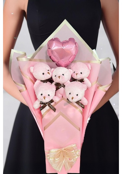 Sole Sevgiliye Led Işıklı Özel Pembe Konsept Balonlu Romantik Peluş Ayıcık Buketi