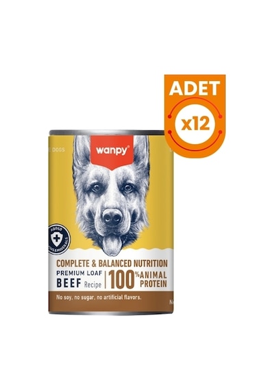 Wanpy Biftekli Tahılsız Yetişkin Konserve Köpek Maması 375 Gr 12 Adet
