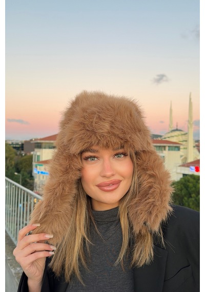 Mollycrush Luxury Kadın Kahverengi Uzun Tüylü Suni Kürklü Peluş Tüylü Pilot Şapka Kahverengi