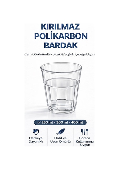 Polikarbon Casablanca Bardak Kırılmaz Cam Görünümlü 6 Adet 400 Ml Restoran Otel Tipi Şeffaf
