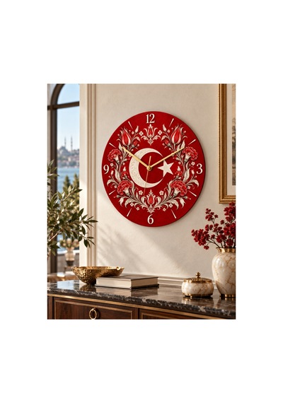 Türk Bayraklı Ay Yıldız Desenli 45 Cm Ahşap Sessiz Akar Mekanizmalı Uv Baskılı Dekoratif Duvar Saati Hediyelik 1078 Çok Renkli