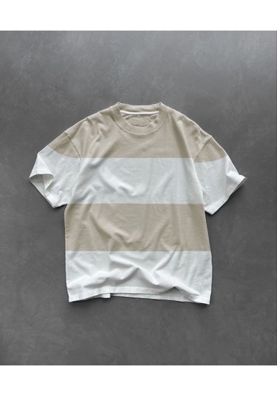 Erkek Kısa Kol Bisiklet Yaka Parçalı T-shirt - Bej