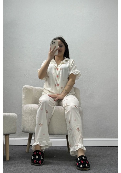 Modi Bürümcük Fırfırlı Pijama Takımı Ekru - 127.1287. Açık Mavi - Beyaz