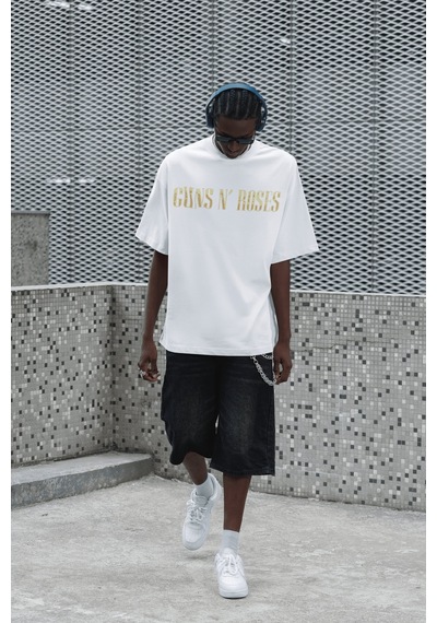 Tasarım Guns N' Roses Sırt Baskılı Unisex Oversize Rock Metal Müz Beyaz