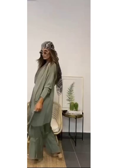 Bohem Stil Italyan Ipek Detaylı Oversize Kap Bluz- Wes Pantolon Takım Haki