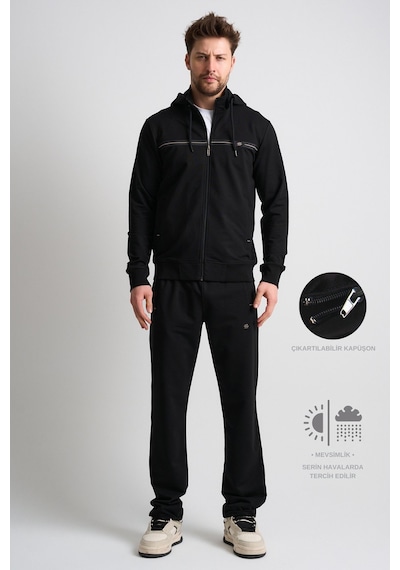 Shooter Sportswear Shooter Klasik Erkek Eşofman Takımı Çıkartılabilir Kapüşonlu Rahat Kalıp Siyah
