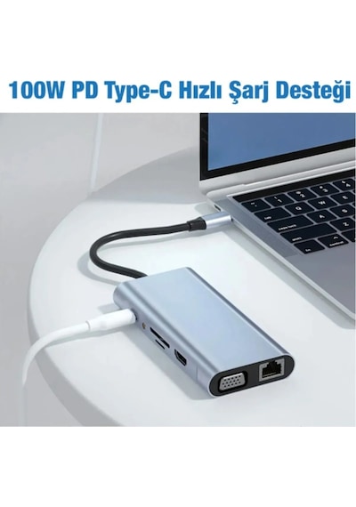 11in1 Type-c To Usb Hdmı 4xusb Rj45 Hdmi Vga Sd Tf Card Çevirici Adaptör
