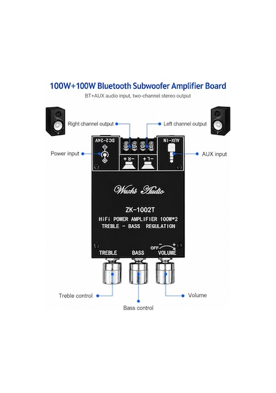 Zk-1002t 2x100w Bluetooth 5.0 Tpa3116d2 Stereo Amfi Modülü Bas/tiz Kontrollü