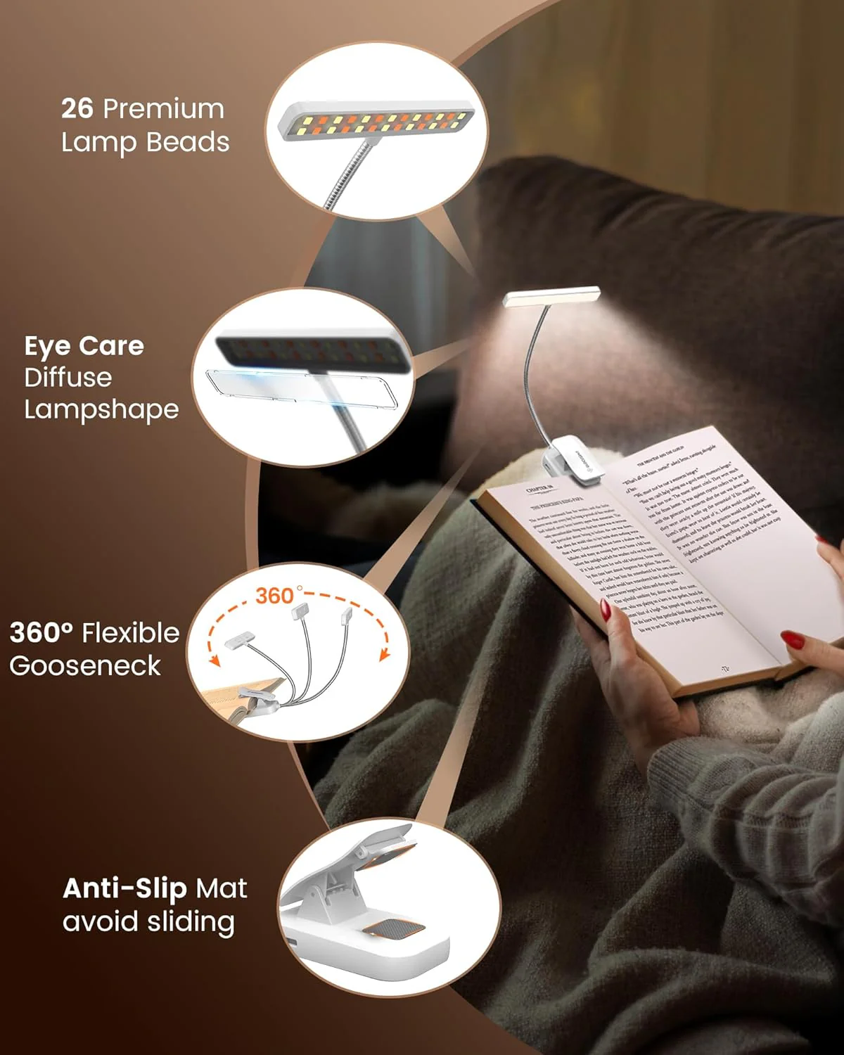 Glocusent Esnek Boyunlu Klipsli Kitap Okuma Lambası 1200mah Usb-c 90 Saat Cct Dim Gece Okuma Işığı - Mor