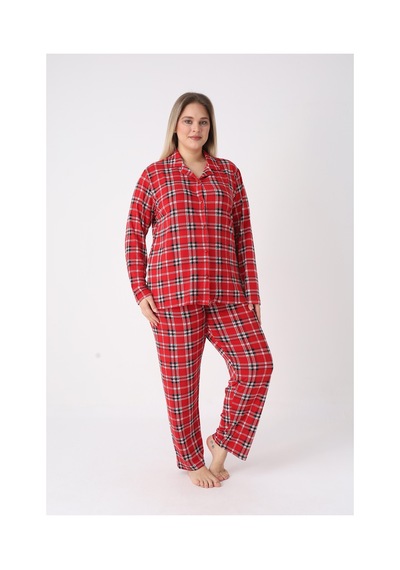 Estiva Kadın Kareli Kırmızı Önden Düğmeli Soft Battal Pijama Takımı Çok renkli