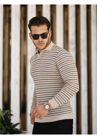 Vizon Erkek Slim Fit Polo Yaka Patlı Triko Kazak-trz19132r03s Vizon