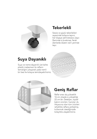 4 Katlı Tekerlekli Banyo Rafı - Havluluk Deterjanlık Makyaj Organizer Düzenleyici Raf Ünitesi Gri Gri