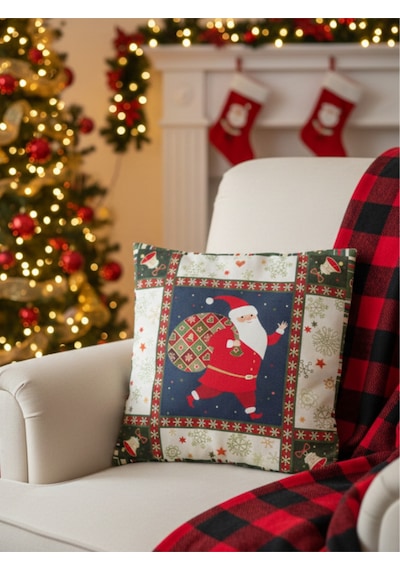 Çift Taraf Dijital Baskı Fermuarlı Yılbaşı Temalı 4'lü Yastık Kılıfı, Kırlent Kılıfı 43x43 Cm Çok Renkli