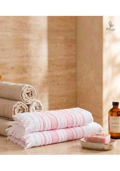 2li Banyo Baş Havlu Seti Beyaz - Pembe