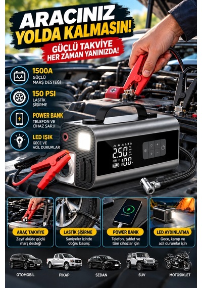 Castu Cs69 Plus Max 10 İn 1 Akü Takviye Cihazı 18000 Mah Kompresör Araç Süpürgesi Powerbank