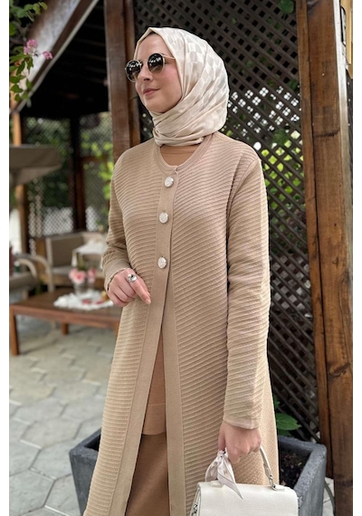 Rabia Şamlı Sinem Çelik Örme Triko Hırka Bej Çok Renkli