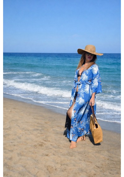 Wellway Viskon Saten Kumaş Kimono - Pareo - Sabahlık - Kuşak Dahildir - Mavi Mavi