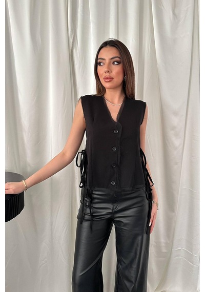 Alemdarshop Siyah Yanları Bağcıklı Yelek