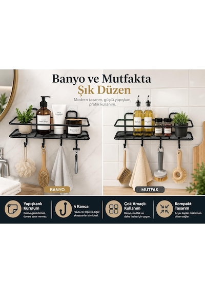 Siyah Yapışkanlı Banyo Ve Mutfak Rafı, 4 Kancalı Metal Duvar Rafı, Şampuanlık Ve Baharatlık Organizer, Delmeden Kolay Kurulumlu Çok Amaçlı Düzenleyici