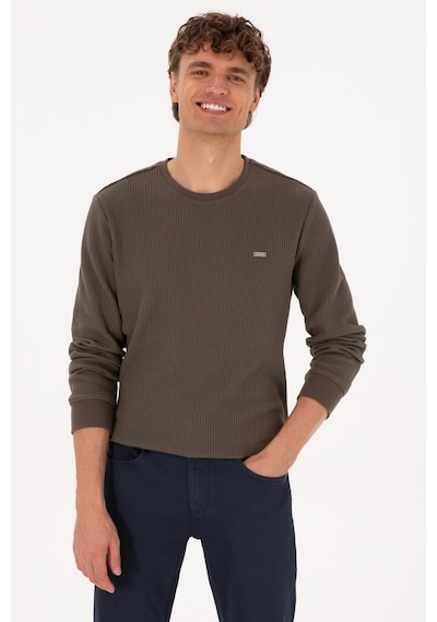 U.S. Polo Assn. Erkek Bisiklet Yaka Regular Fit Petek Dokulu Vizon Sweatshirt 50316304-VR052