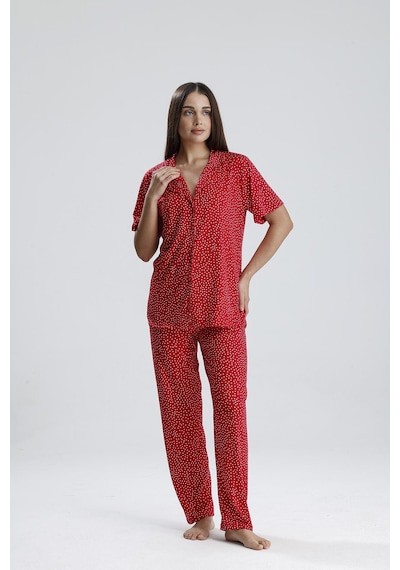 Kompedan Kadın Puantiye Desen Önden Düğmeli Pijama Takım Kırmızı P. Kırmızı