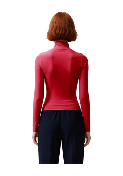 Ersefa Moda Kare Yaka Örme Slim Düz Desen Casual Günlük Crop Kısa Kol Bl Kırmızı