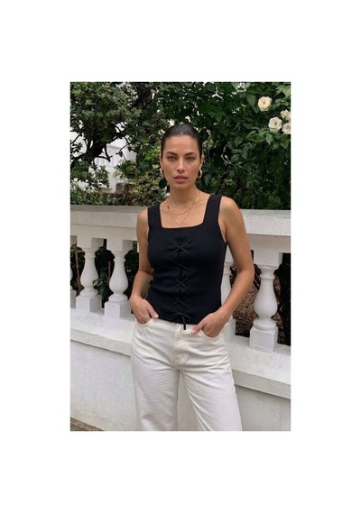 Onno Style Women Kolsuz Askılı Kare Yaka Bağcık Detaylı Triko Kadın Bluz Siyah