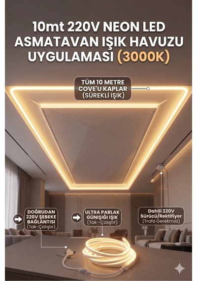 10 Metre 220v Neon Led Şerit Günışığı 3000k - Tak Çalıştır Set - Fişli Trafo Gerektirmez Esnek Led 64687047