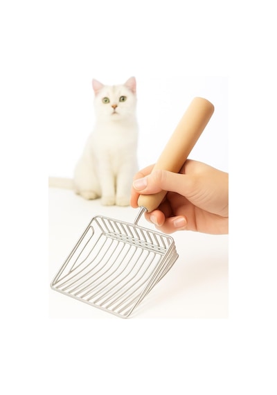 Metal Kedi Kumu Küreği Ahşap Saplı Dayanıklı Izgaralı Kedi Tuvaleti Temizleme Küreği Ergonomik Saplı Kolay Temizlik Aparatı Paslanmaz Çelik