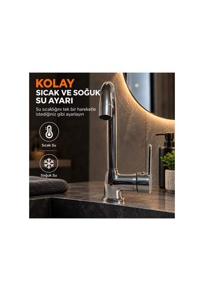 Krom Lavabo Bataryası 360 Döner Gövdeli Tek Kollu Lavabo Musluğu Şık Modern Tasarım Gümüş