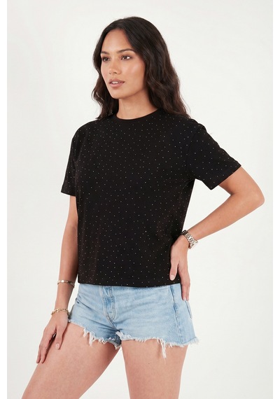 Lela Rahat Kalıp Bisiklet Yaka Taş Detaylı T Shirt Bayan T Shirt 5866943 Siyah