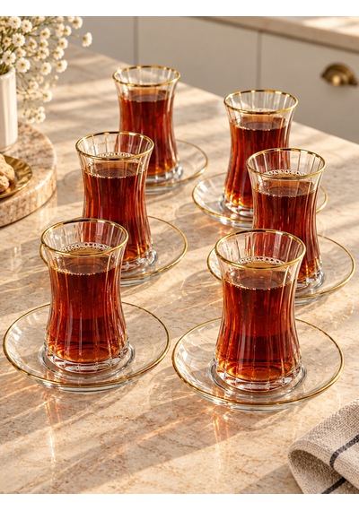 6 Kişilik Alara Gold Detaylı Kesme Çay Bardağı Takımı-7671 Çok renkli