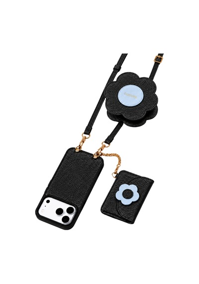 Hera Apple Uyumlu iPhone 18 Pro / 17 Pro Uyumlu Çiçek Magsafe Cüzdan, Mini Çanta, Crossbody Askı, Kılıf 4'lü Set Siyah