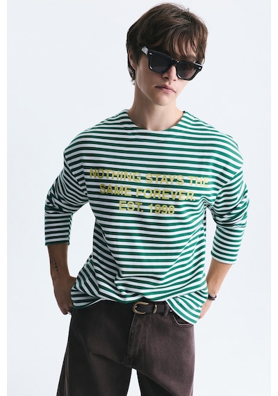 Vamos Oversize Çizgili Sweatshirt Ekru/yesıl