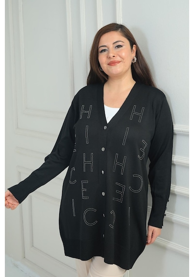 By Saygı Kadın Kolları Düğme Detaylı Taş Harf Baskılı Soğuk İplik Büyük Beden Hırka-41826 Siyah By Saygı Kadın Kolları Düğme Detaylı Taş Harf Baskılı Soğuk İplik Büyük Beden Hırka-41826 Siyah