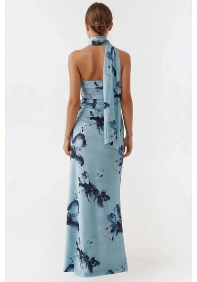 Hiccup Straplez Desenli Bodycon Maxi Tül Elbise Mavi