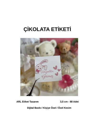 Yenidoğan Tavşan Figürlü Çikolata Etiketi 3,5x3,5 Cm 88 Adet -arl Etiket Tasarım Beyaz