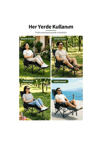 Katlanır Kamp Sandalyesi, Oturma Veya Uzanma Pozisyonunda Kullanılabilir, Çok Pozisyonlu Ayarlanabilir, Siyah.