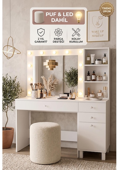 Robin Home Hollywood Makyaj Masası Ve Puf 3 Çekmece Kapaklı Düzenleyici Raflı Hollywood Led Işıklı Puf Dahil Beyaz Robin Home Hollywood Makyaj Masası Ve Puf 3 Çekmece Kapaklı Düzenleyici Raflı Hollywood Led Işıklı Puf Dahil Beyaz
