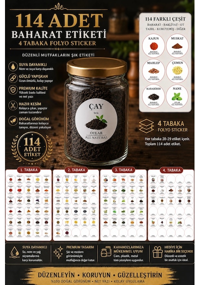 Renkli Kavanoz Etiket Seti - 114 Adet Baharat, Bakliyat, Ot Ve Kuruyemiş Etiketi - 5cm Folyo Sticker Siyah