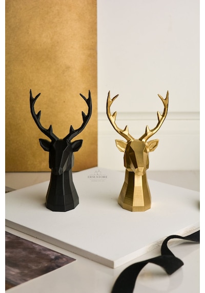 2 Li Set Geyik Figürlü Obje Tasarım Modern Dekoratif Hediyelik Biblo Siyah-gold 16cm Altın Varak