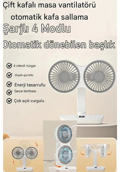 Masaüstü Dijital Ekranlı Çift Fanlı Led Işıklı Soğutucu Fan Ev Ofis Şarjlı Vantilatör