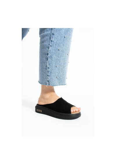 Polomia Comfort Aya Kadın Hakiki Deri Süet Cool Lastik Detay Comfort Hafif Esnek Taban Rahat Günlük Sandalet Terlik Siyah