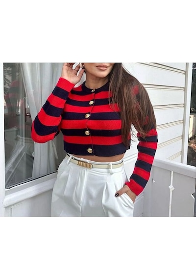 Kozia Outdoors Kadın Kırmızı Seritli Bisiklet Yaka Gold Düğmeli Crop Triko Hırka Siyah